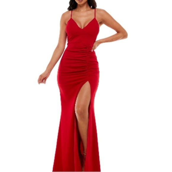 Emerald Sundae Long Maxi High Slit Juniors' Ruched Side-Slit Slim dress Gown XXS - Picture 3 of 10